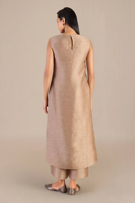 Ampm_Brown Linen, Silk Round Neck Plain Jacket Palazzo Set_at_Aza_Fashions