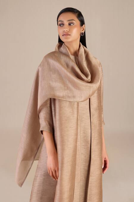 Buy_Ampm_Brown Linen, Silk Round Neck Plain Jacket Palazzo Set