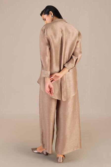 Shop Ampm Brown Linen Collared Hyra Solid Shirt Palazzo Set at Aza Fashions Shop_Ampm_Brown Linen Collared Hyra Solid Shirt Palazzo Set_at_Aza_Fashions