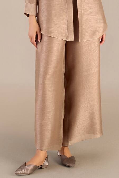 Ampm Brown Linen Collared Hyra Solid Shirt Palazzo Set Online at Aza Fashions Ampm_Brown Linen Collared Hyra Solid Shirt Palazzo Set_Online_at_Aza_Fashions