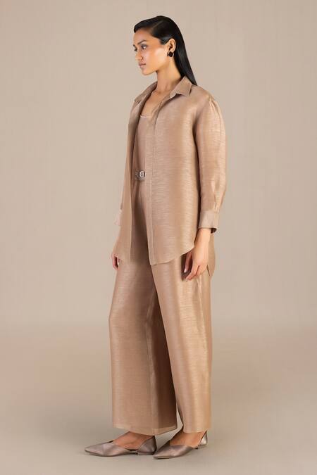 Shop Ampm Brown Linen Collared Hyra Solid Shirt Palazzo Set Online at Aza Fashions Shop_Ampm_Brown Linen Collared Hyra Solid Shirt Palazzo Set_Online_at_Aza_Fashions