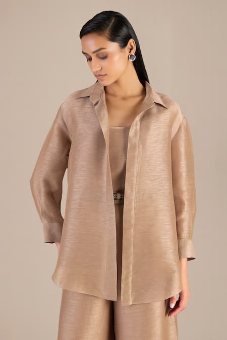 Ampm Brown Linen Collared Hyra Solid Shirt Palazzo Set at Aza Fashions Ampm_Brown Linen Collared Hyra Solid Shirt Palazzo Set_at_Aza_Fashions