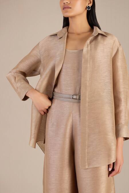 Buy Ampm Brown Linen Collared Hyra Solid Shirt Palazzo Set Buy_Ampm_Brown Linen Collared Hyra Solid Shirt Palazzo Set