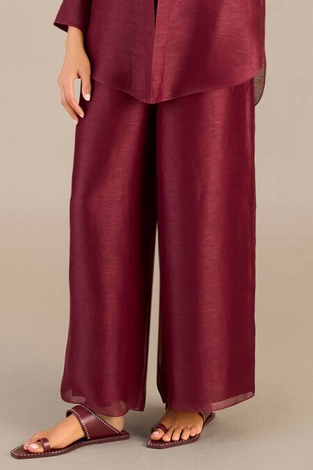 Ampm_Maroon Linen Collared Solid Shirt Palazzo Set_Online_at_Aza_Fashions