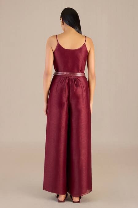 Buy_Ampm_Maroon Linen Collared Solid Shirt Palazzo Set_Online_at_Aza_Fashions