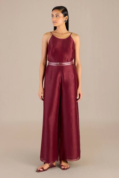 Shop_Ampm_Maroon Linen Collared Solid Shirt Palazzo Set_Online_at_Aza_Fashions