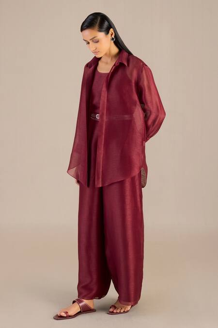 Ampm_Maroon Linen Collared Solid Shirt Palazzo Set_at_Aza_Fashions