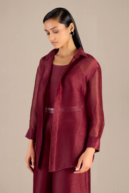 Buy_Ampm_Maroon Linen Collared Solid Shirt Palazzo Set