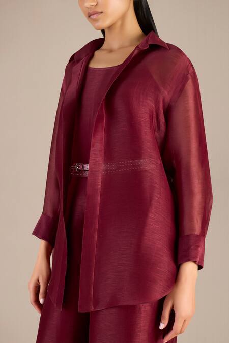Shop_Ampm_Maroon Linen Collared Solid Shirt Palazzo Set