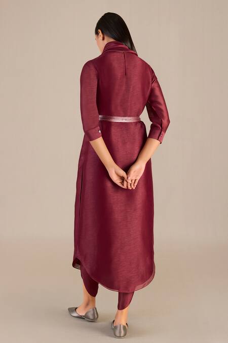 Shop_Ampm_Maroon Linen, Silk Open Neck Solid Tunic And Dhoti Pant Set_at_Aza_Fashions