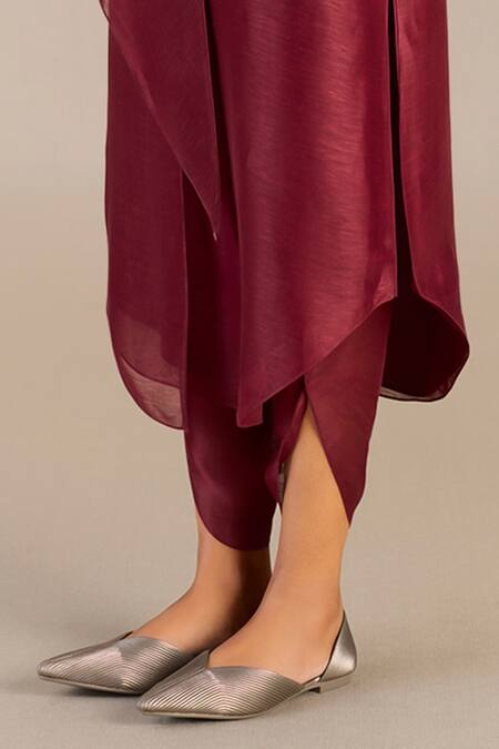 Ampm_Maroon Linen, Silk Open Neck Solid Tunic And Dhoti Pant Set_Online_at_Aza_Fashions