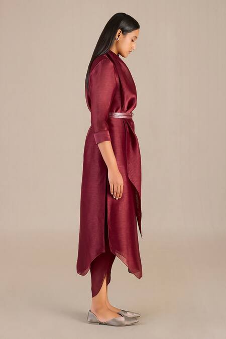 Shop_Ampm_Maroon Linen, Silk Open Neck Solid Tunic And Dhoti Pant Set_Online_at_Aza_Fashions