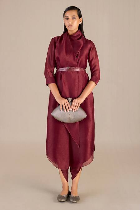 Ampm_Maroon Linen, Silk Open Neck Solid Tunic And Dhoti Pant Set_at_Aza_Fashions