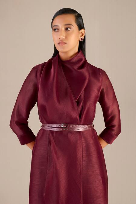 Buy_Ampm_Maroon Linen, Silk Open Neck Solid Tunic And Dhoti Pant Set