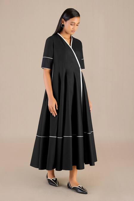 Shop_Ampm_Black Chanderi V-neck Wafa Chalk Lines Pattern Midi Wrap Dress_Online_at_Aza_Fashions