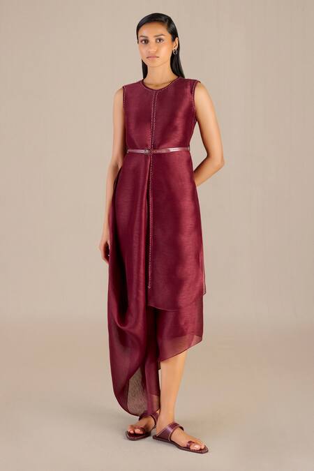 Ampm_Maroon Linen, Silk Metallic Thread Dania Embellished Cowl Draped Dress Set_Online_at_Aza_Fashions
