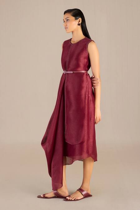 Buy_Ampm_Maroon Linen, Silk Metallic Thread Dania Embellished Cowl Draped Dress Set_Online_at_Aza_Fashions