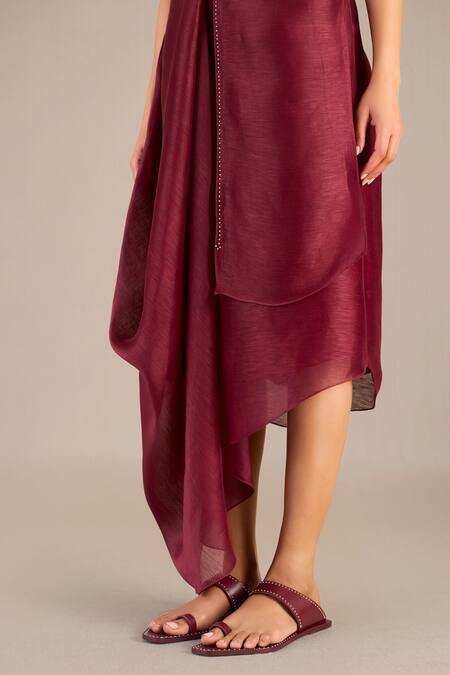 Shop_Ampm_Maroon Linen, Silk Metallic Thread Dania Embellished Cowl Draped Dress Set_Online_at_Aza_Fashions