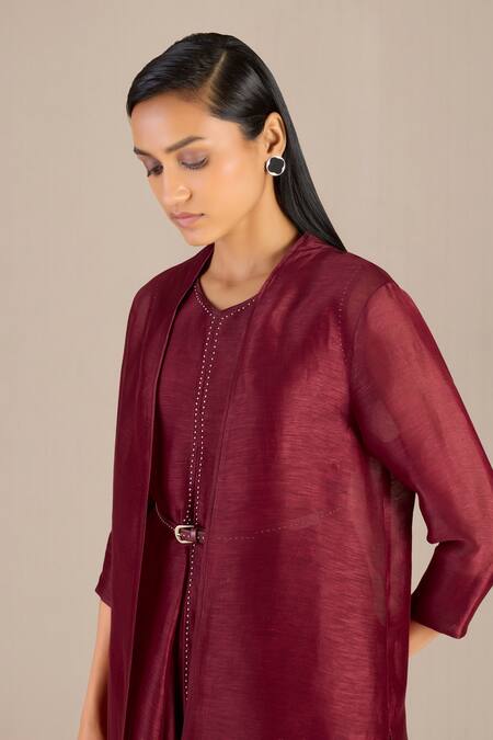 Ampm_Maroon Linen, Silk Metallic Thread Dania Embellished Cowl Draped Dress Set_at_Aza_Fashions