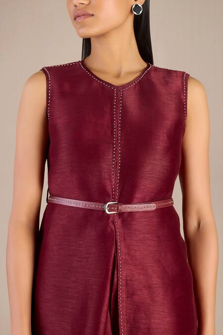 Buy_Ampm_Maroon Linen, Silk Metallic Thread Dania Embellished Cowl Draped Dress Set