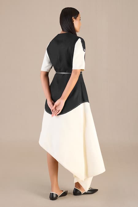 Ampm_Black Linen V-neck Safa Splurge Colorblocked Jacket Skirt Set _Online_at_Aza_Fashions