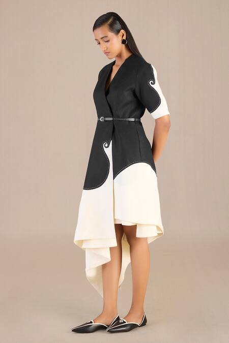 Shop_Ampm_Black Linen V-neck Safa Splurge Colorblocked Jacket Skirt Set _Online_at_Aza_Fashions