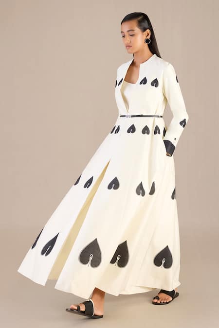 Shop_Ampm_Ivory Chanderi Mandarin Collar, Round Neck Spade Print Longline Jacket Pant Set _Online_at_Aza_Fashions