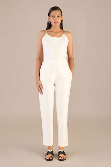 Ampm_Ivory Chanderi Mandarin Collar, Round Neck Spade Print Longline Jacket Pant Set _at_Aza_Fashions