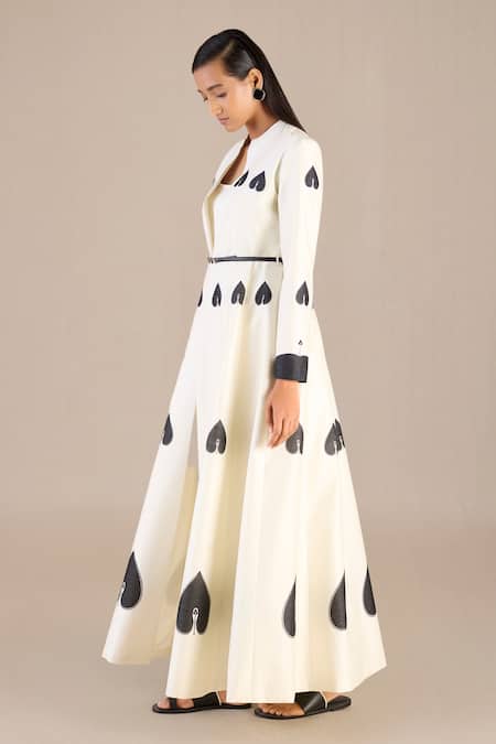 Buy_Ampm_Ivory Chanderi Mandarin Collar, Round Neck Spade Print Longline Jacket Pant Set 