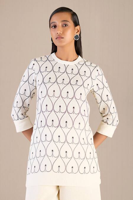 Shop_Ampm_Ivory Linen Round Neck Mia Heart Mania Print Tunic With Palazzo_Online_at_Aza_Fashions