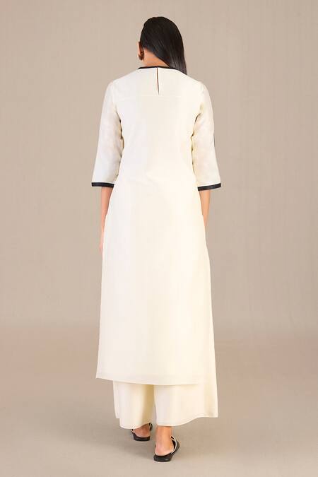 Shop_Ampm_Ivory Chanderi Round Neck Rib Pattern A-line Kurta Palazzo Set_Online_at_Aza_Fashions