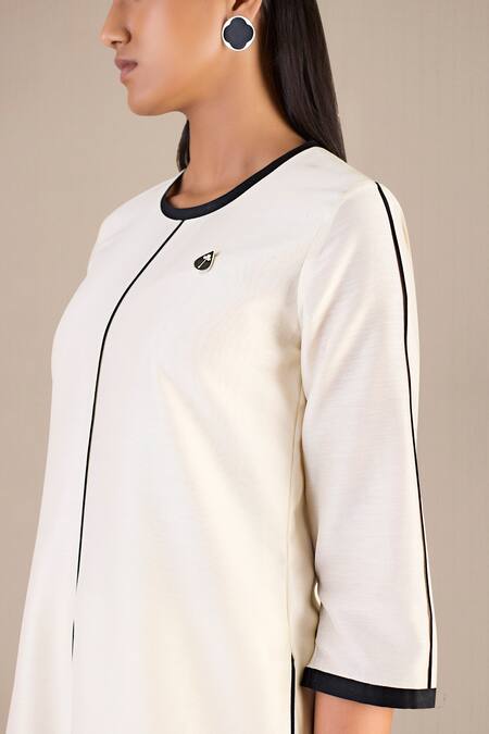 Ampm_Ivory Chanderi Round Neck Rib Pattern A-line Kurta Palazzo Set_at_Aza_Fashions