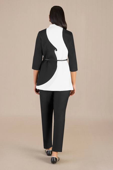 Ampm_Black Chanderi Print Swirl V Jacket Pant Set _Online_at_Aza_Fashions