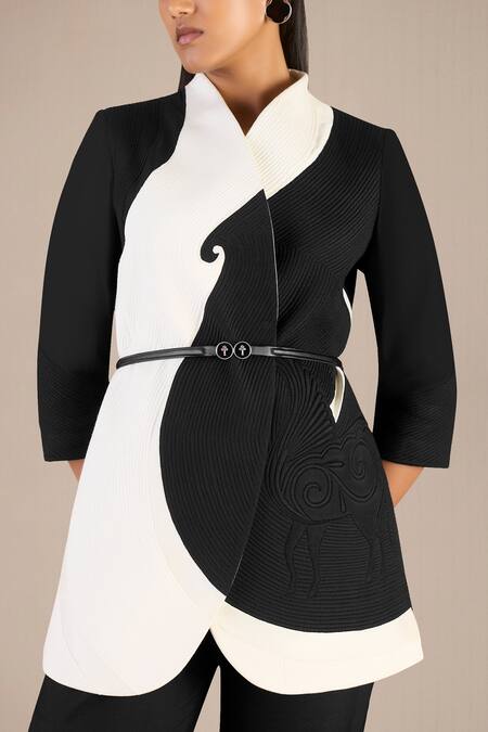 Buy_Ampm_Black Chanderi Print Swirl V Jacket Pant Set _Online_at_Aza_Fashions
