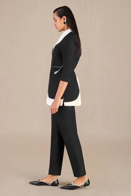Shop_Ampm_Black Chanderi Print Swirl V Jacket Pant Set _Online_at_Aza_Fashions