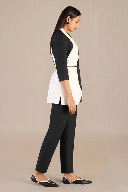 Ampm_Black Chanderi Print Swirl V Jacket Pant Set _at_Aza_Fashions