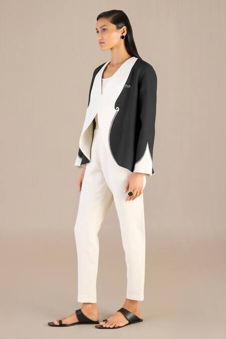 Shop_Ampm_Black Pure Linen Printed Paisley Jacket Open Pant Set _Online_at_Aza_Fashions