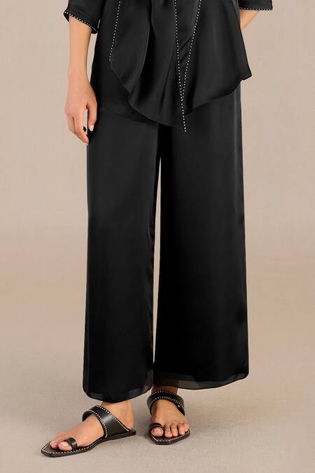 Ampm_Black Satin, Organza Beads Kahira Border Embellished Draped Cape And Palazzo Set_Online_at_Aza_Fashions
