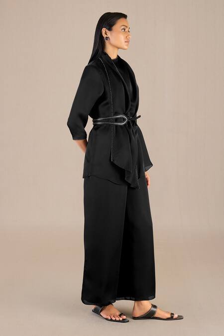 Buy_Ampm_Black Satin, Organza Beads Kahira Border Embellished Draped Cape And Palazzo Set_Online_at_Aza_Fashions