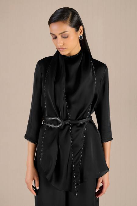 Ampm_Black Satin, Organza Beads Kahira Border Embellished Draped Cape And Palazzo Set_at_Aza_Fashions