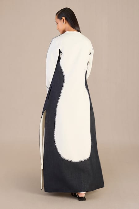 Ampm_Black Linen Embroidery Round , Open Ifza Printed Jacket Palazzo Set _Online_at_Aza_Fashions