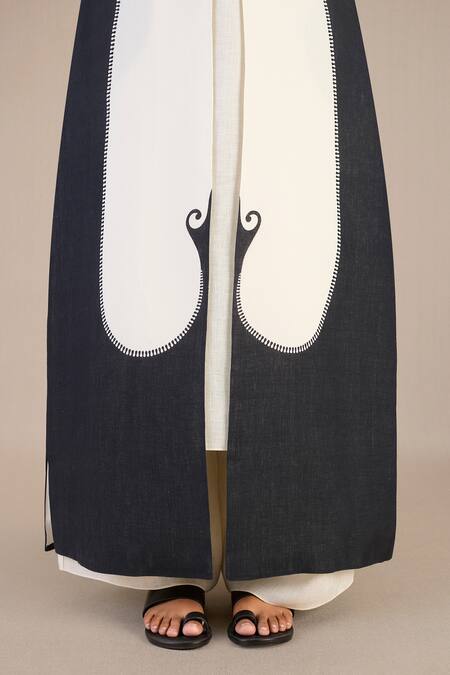 Shop_Ampm_Black Linen Embroidery Round , Open Ifza Printed Jacket Palazzo Set 