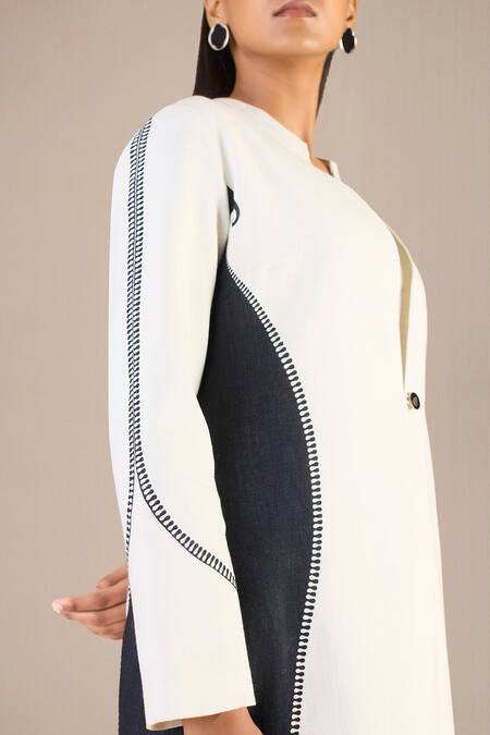 Shop Ampm Black Linen Embroidery Open Neck, Round Ifza Paisley Print Jacket Palazzo Set Shop_Ampm_Black Linen Embroidery Open Neck, Round Ifza Paisley Print Jacket Palazzo Set