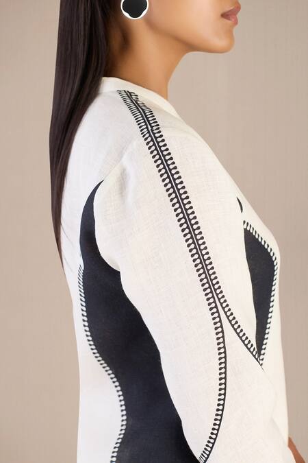 Ampm Black Linen Mandarin Collar Printed Shirt And Pant Set Online at Aza Fashions Ampm_Black Linen Mandarin Collar Printed Shirt And Pant Set_Online_at_Aza_Fashions