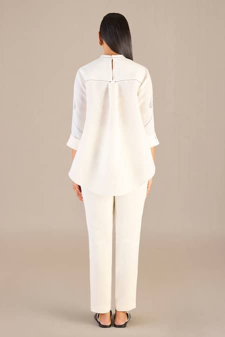 Ampm Ivory Linen Embroidery Bandeau Neck Tamara Floral Print Shirt And Pant Set Online at Aza Fashions Ampm_Ivory Linen Embroidery Bandeau Neck Tamara Floral Print Shirt And Pant Set _Online_at_Aza_Fashions