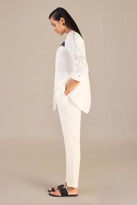 Ampm Ivory Linen Embroidery Bandeau Neck Tamara Floral Print Shirt And Pant Set at Aza Fashions Ampm_Ivory Linen Embroidery Bandeau Neck Tamara Floral Print Shirt And Pant Set _at_Aza_Fashions