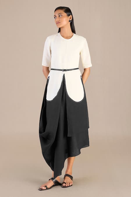 AMPM Black Pure Linen Printed Paisley Round Colorblock Dress 
