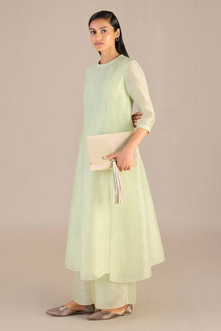 Ampm_Green Linen, Silk Round Neck Adiva Plain A-line Kurta Set_Online_at_Aza_Fashions