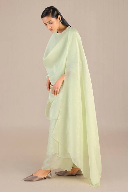 Shop_Ampm_Green Linen, Silk Round Neck Adiva Plain A-line Kurta Set_Online_at_Aza_Fashions