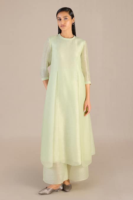 Ampm_Green Linen, Silk Round Neck Adiva Plain A-line Kurta Set_at_Aza_Fashions
